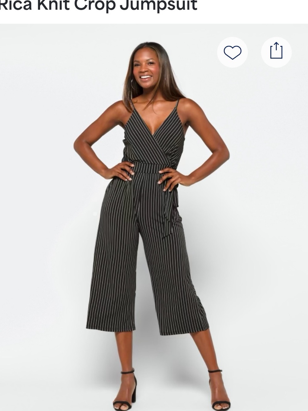 Kaileigh Black Pinstripe Wrap Crop Jumpsuit - Size Medium